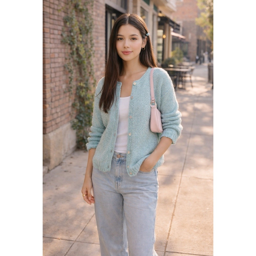 Y2K Cardigan (M) mint green vintage womens long sleeve preppy Indie Cottage Core